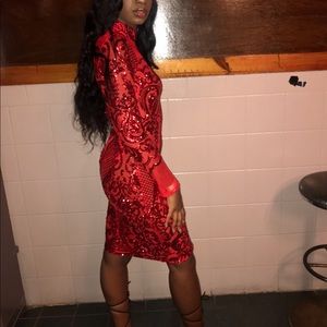 Red high neck long sleeve midi dress
